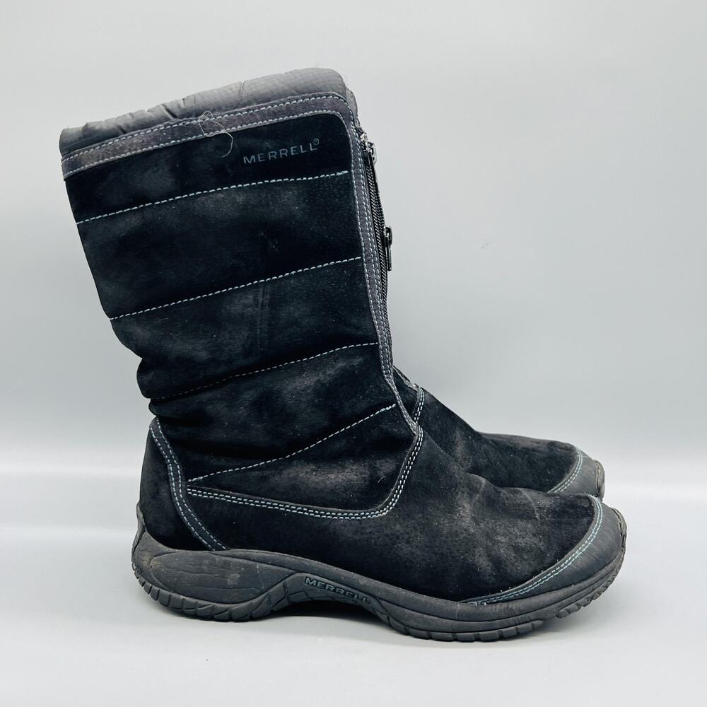 Merrell Boots Womens 8.5 Black Suede Air Cushion Mid Calf Zip Snow Warm Shoes